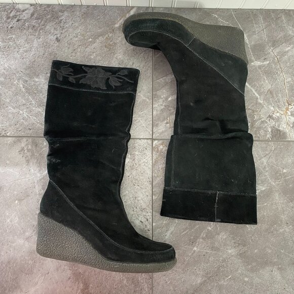 Soho Lab by Skechers Boots Womens 9 Y2K Black Suede Leather Knee High Wedge - Picture 3 of 12